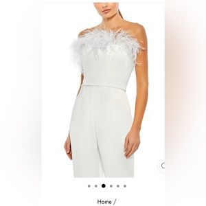 Mac Duggal White Feathered Jumpsuit